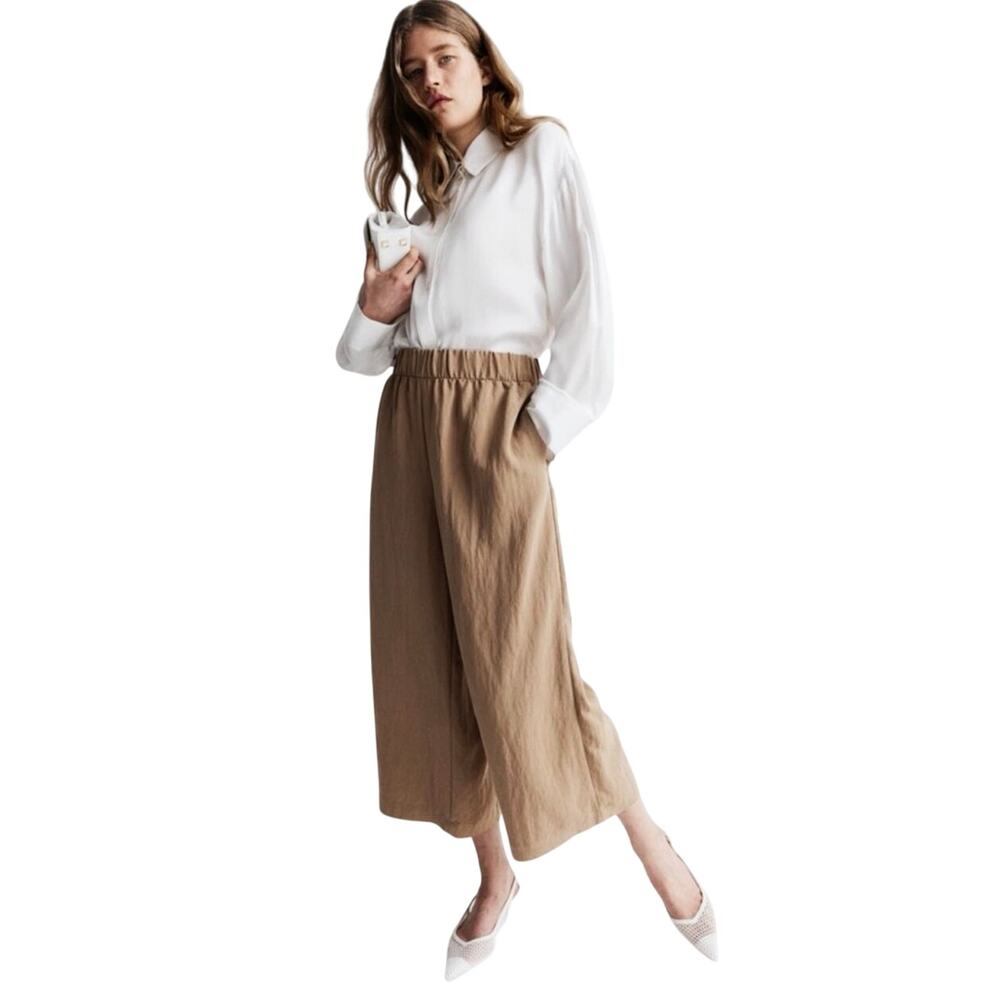 EILEEN FISHER Brown Organic Linen Cropped Wide Leg Pull On Pant